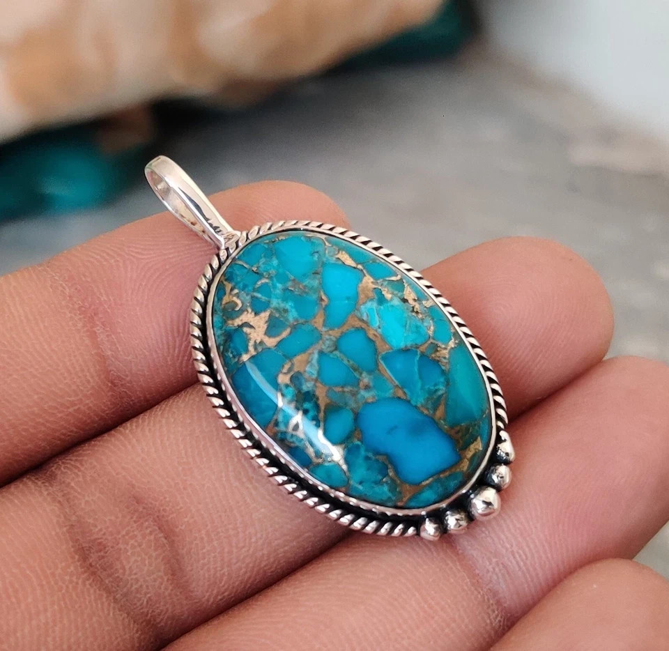 Blue Copper Turquoise Gemstone Pendant Solid 925 Sterling Silver Pretty Pendant