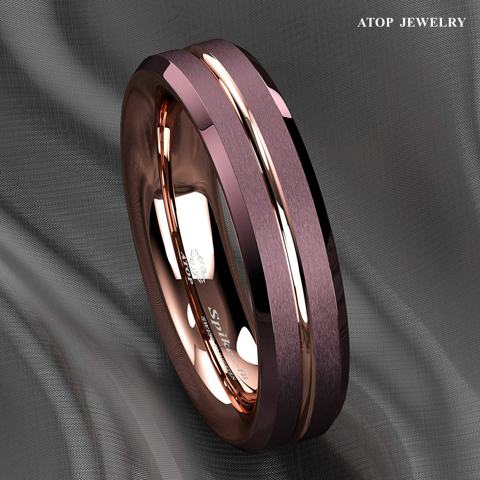 8/6mm Plated Metal Tungsten Mens Ring Rose Gold Groove Stripe ATOP Wedding Band