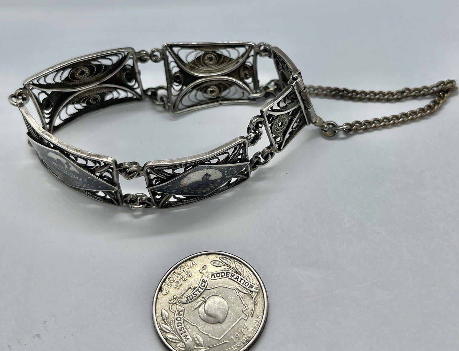 Antique Vintage Sterling Filigree 4 Picture Panel Bracelet 6 1/2” AS IS