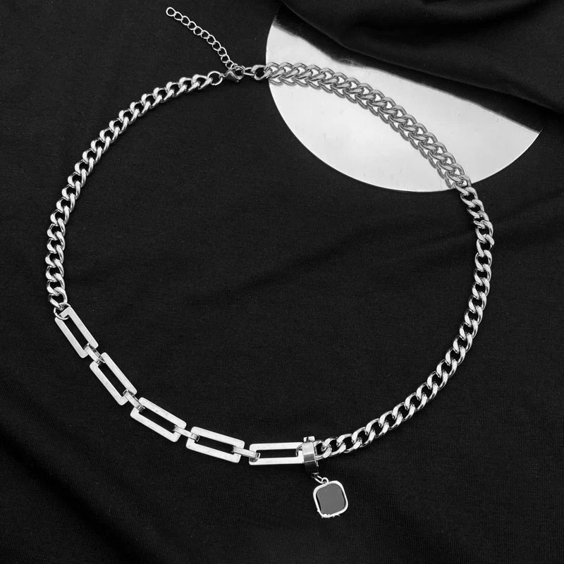 /Creative Hip-hop Tide Brand Simple Black Square Earrings Pendant Necklace Men’s