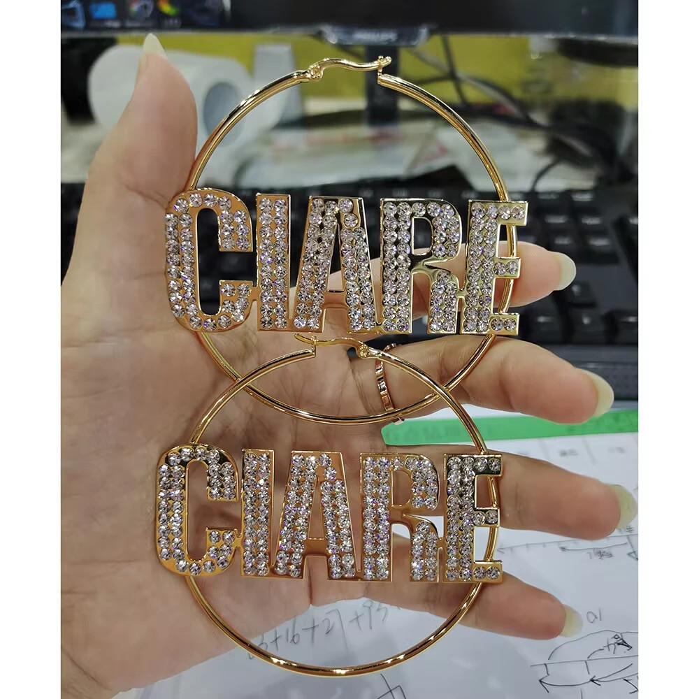 Customized Name Hoop Earrings Zirconia Diamond Jewelry Stainless Steel Handmade
