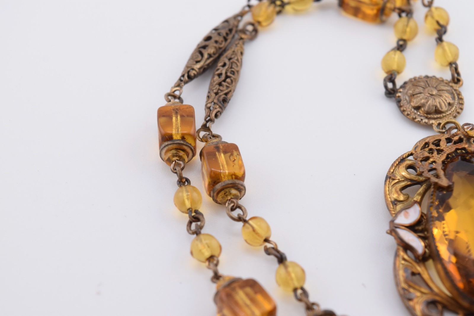 Antique Czech Necklace / Choker with Amber Colored Glass and White Enamel Accent