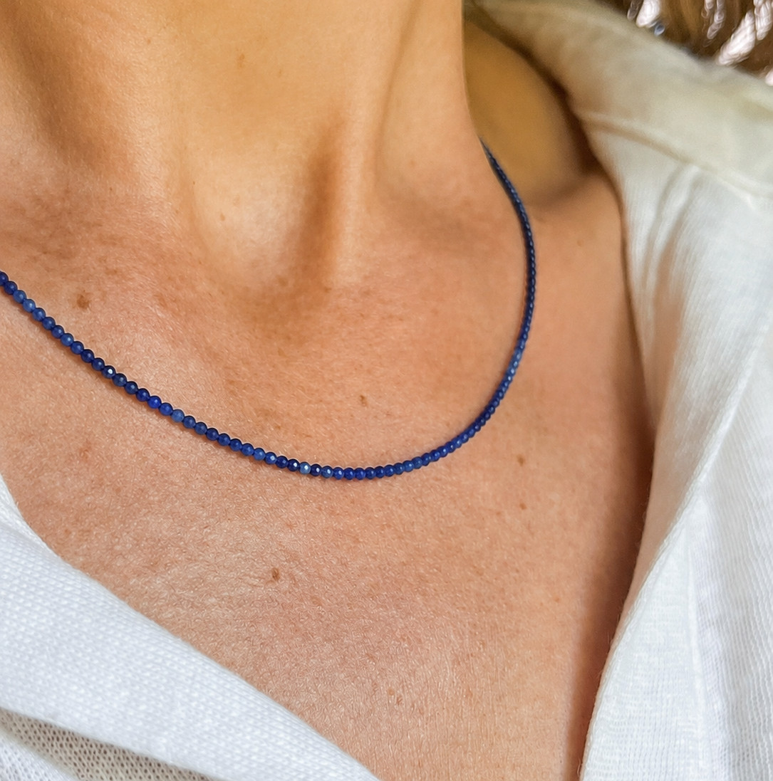 Natural Blue Sapphire Beaded Choker Necklace 2mm Faceted Tiny Gemstone Jewelry