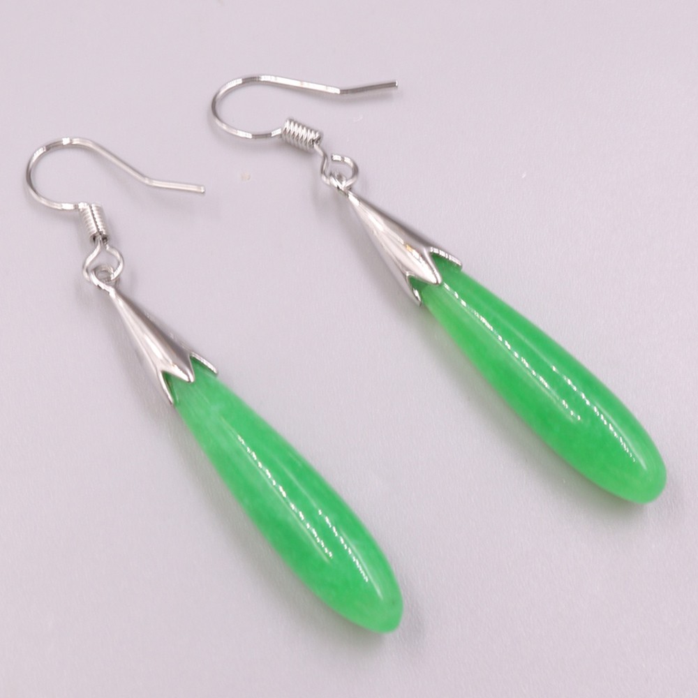 Gold Plated Alloy Heated Green Jade Long Charm Dangle Earrings 50mm H