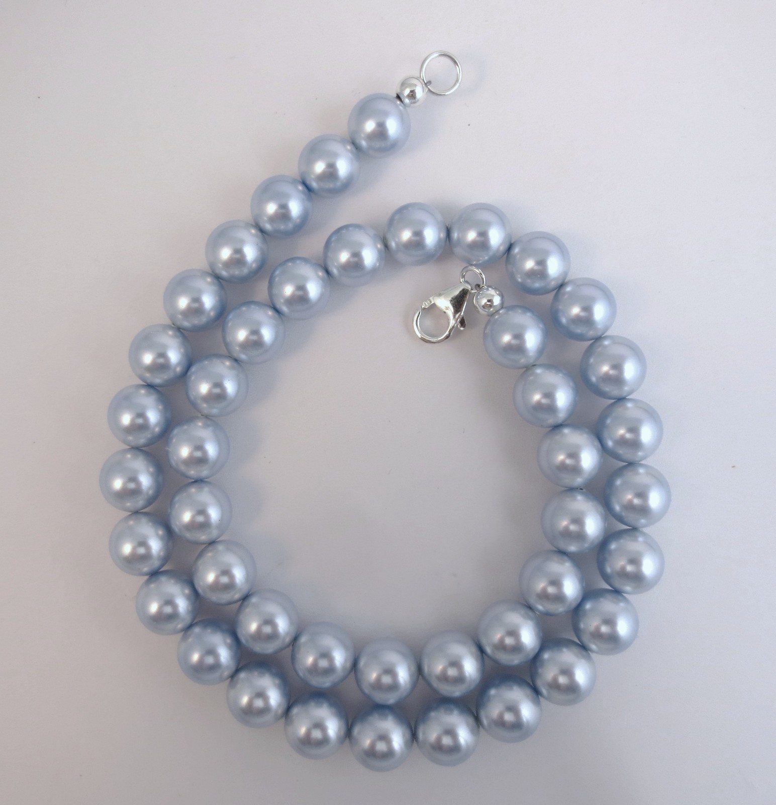 10mm Lt. Blue Pearl Necklace with Crystal elements 14,16,18,20,22,24,30″
