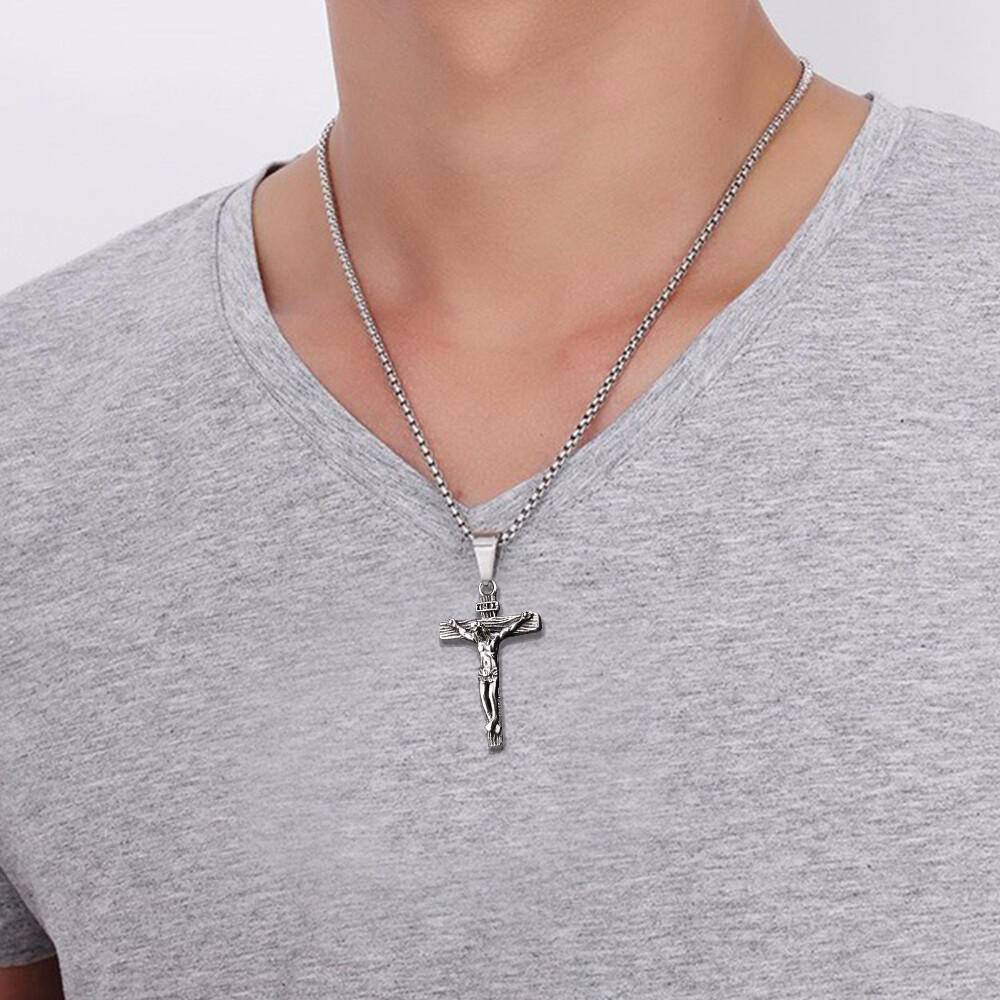 Men Stainless Steel Jesus Christ Crucifix Cross Pendant Chain Necklace