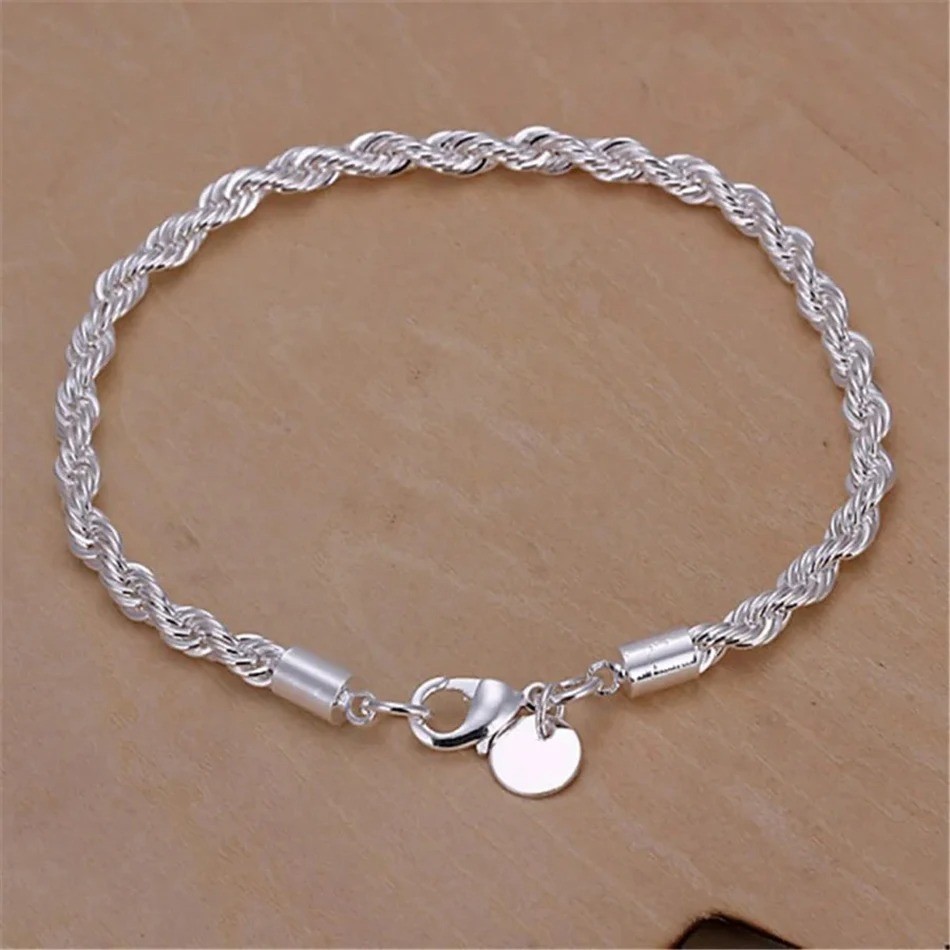 ALIZERO 925 Sterling Silver 4mm Rope Chain Bracelet Unisex Men Women Classic