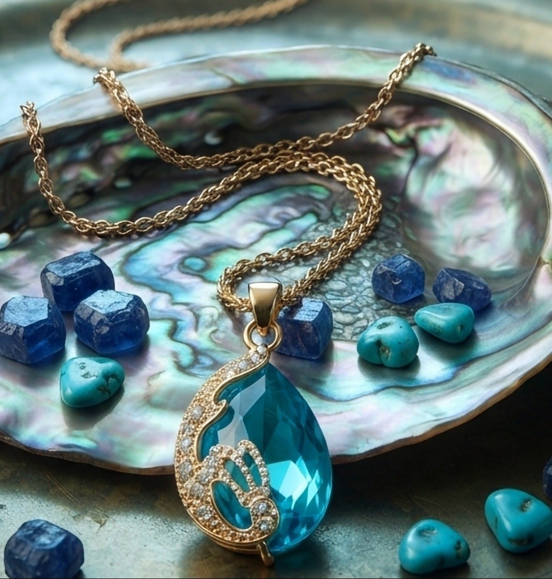 Elegant Teardrop Pendant Necklace – Gold Tone Chain – Sparkling Blue Stone Gift