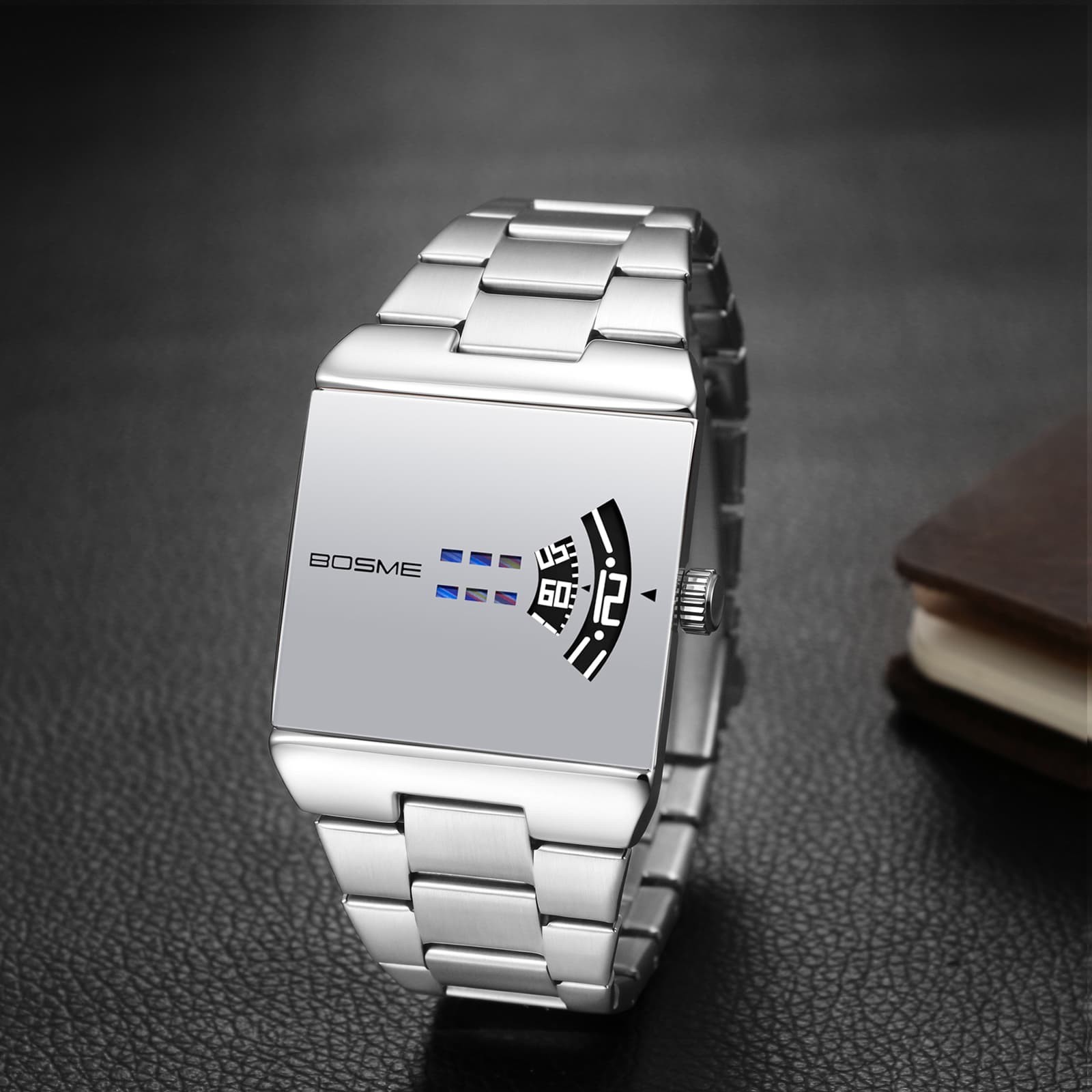 Men’s Steampunk Stainless Steel Square Wrist Watch No-Hand Jumping Hour Display
