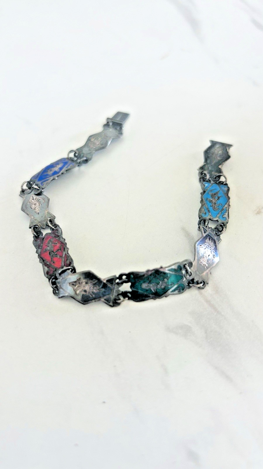 Vintage Siam Sterling Silver Niello 8 Panel Bracelet Thai Deities Gods 7 1/4″