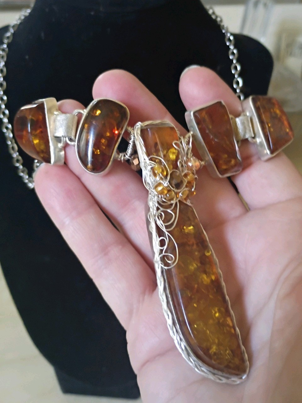 Antique Ancient Huge Baltic Amber Custom Wrapped Necklace With Sparkly Earrings