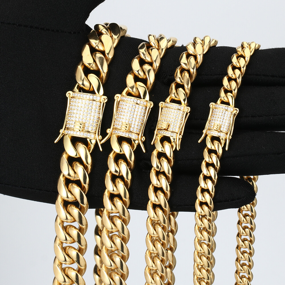 14k Gold Plated Stainless Steel Miami Cuban Link Bracelet Or Chain with CZ Clasp