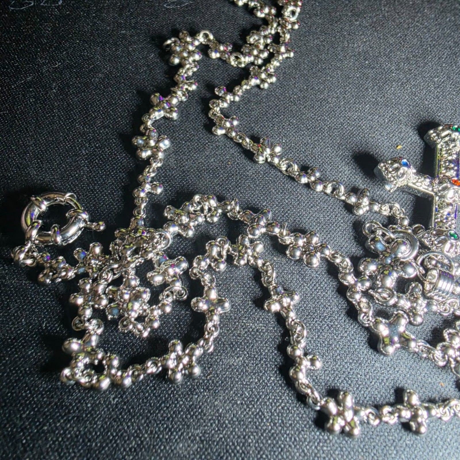 Ornate Vintage Gothic Cross Pendant Necklace Multicolored Stones 25″ Link Chain