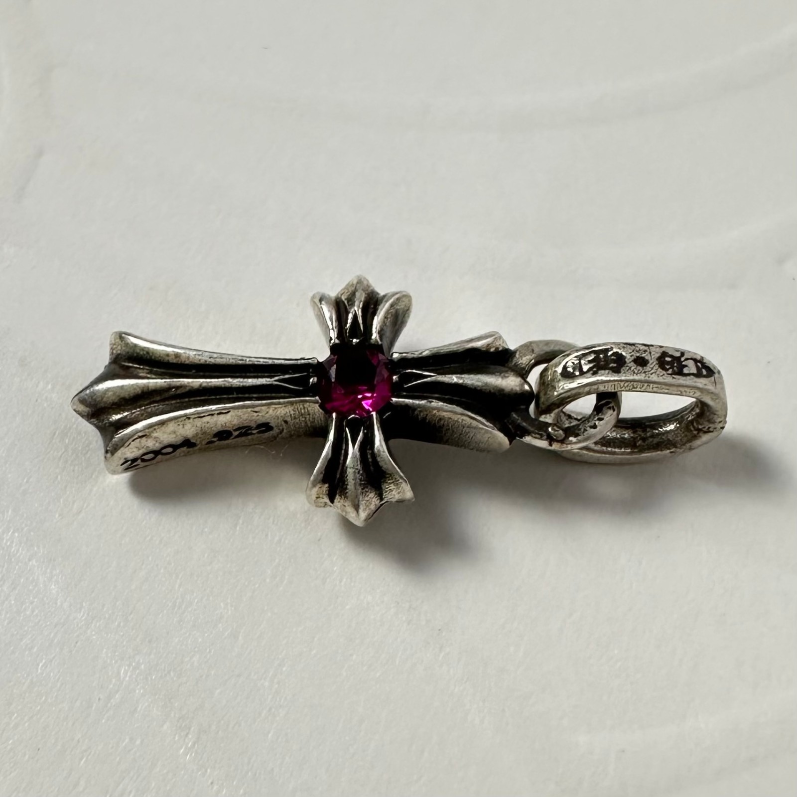 Authentic Chrome Hearts Single Ruby Baby Fat Cross Charm 925 Sterling Silver