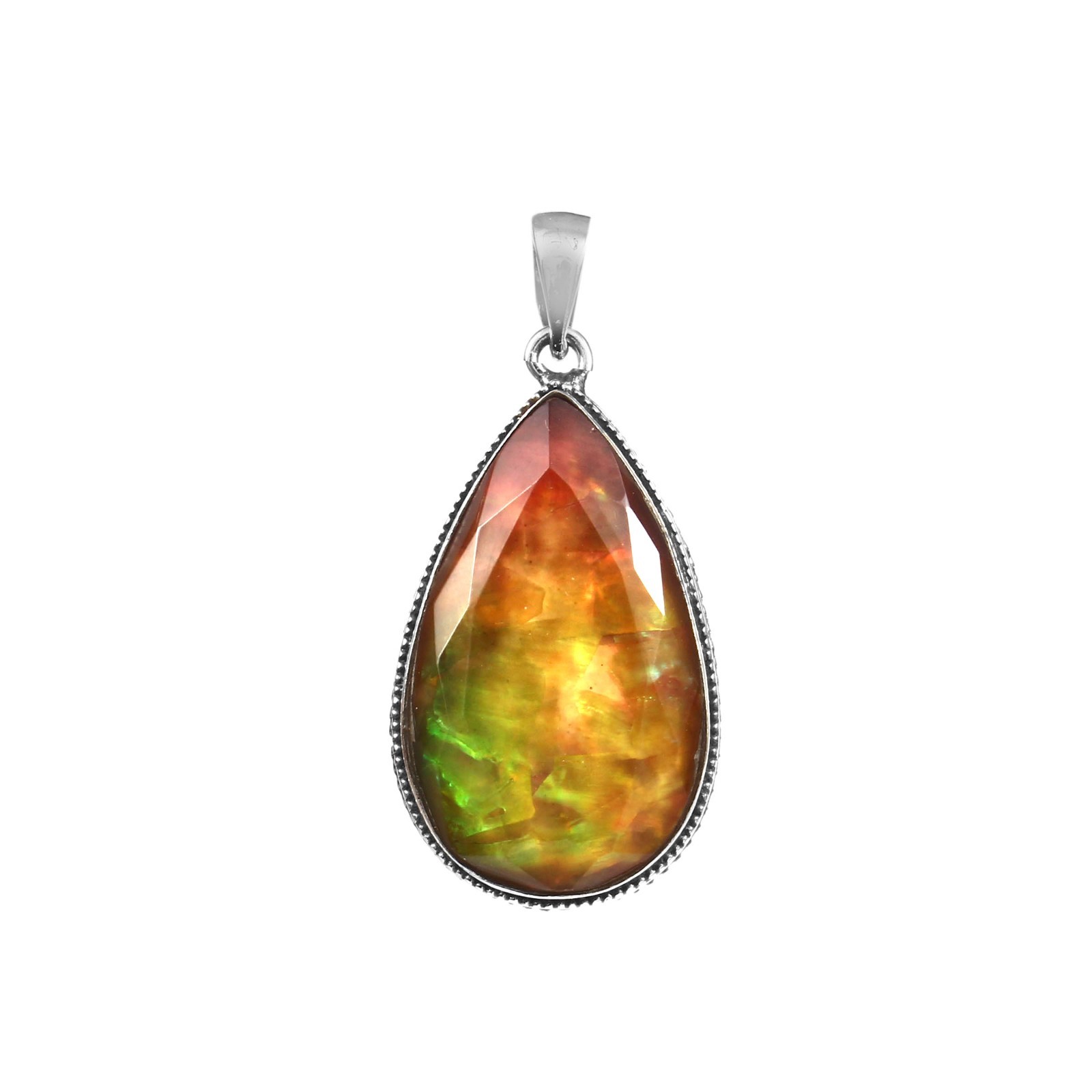 Natural Green Orange Ammolite Pendant 925 Sterling Silver Faceted Teardrop