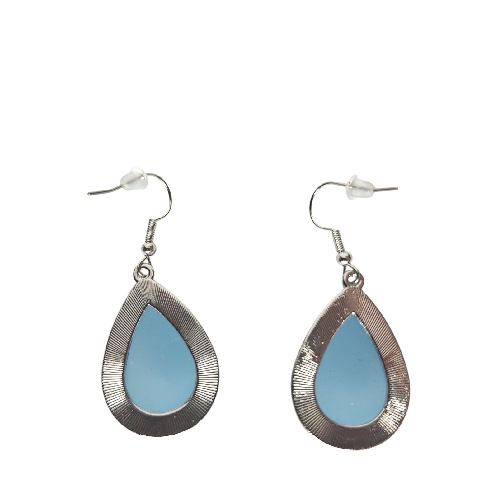 Blue Teardrop Dangle Earrings Silver Tone Coastal Beachy Boho Cabochon Jewelry