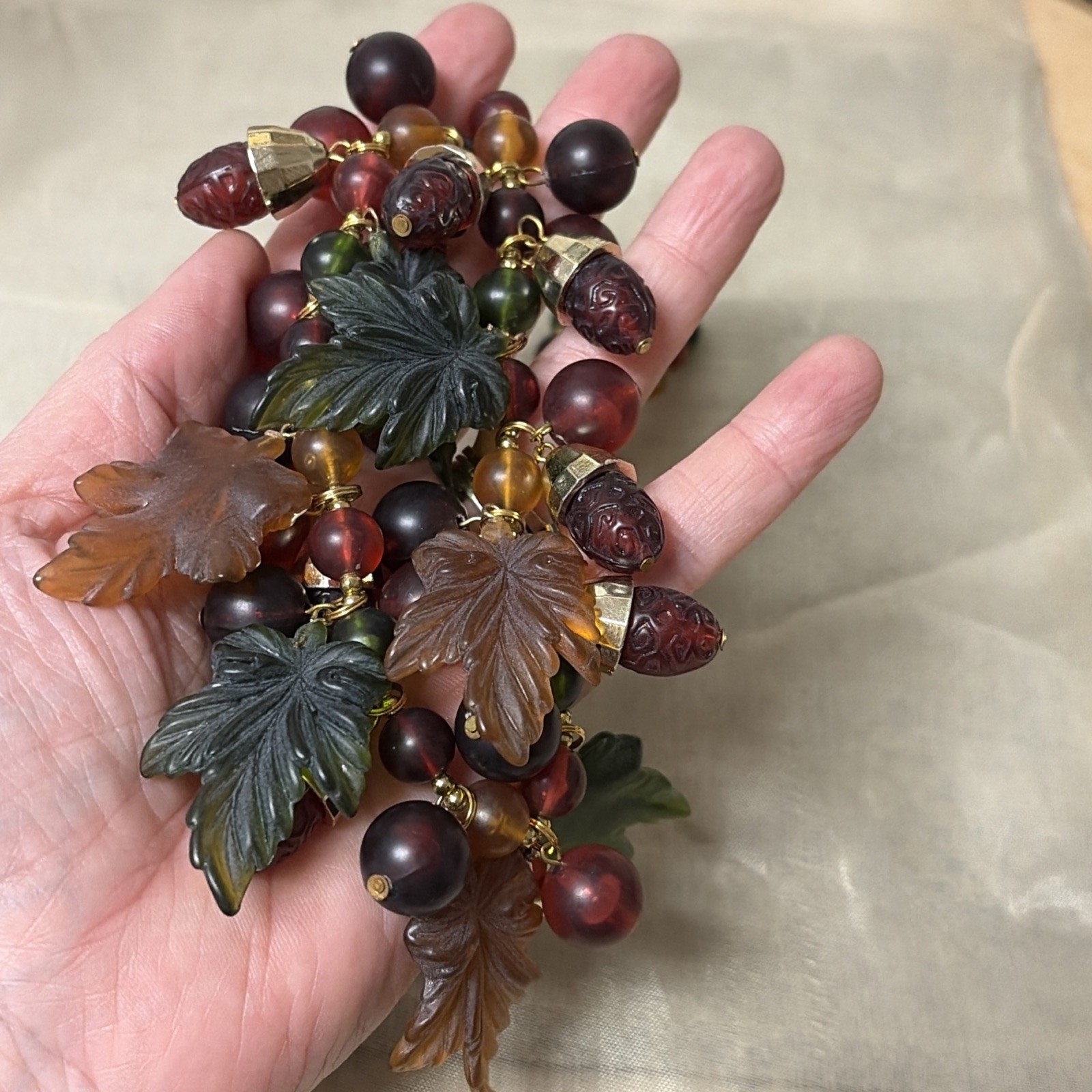 Vtg NWT Lucite Necklace Red Green Orange Brown Necklace Autumn Fall Leaves Acorn