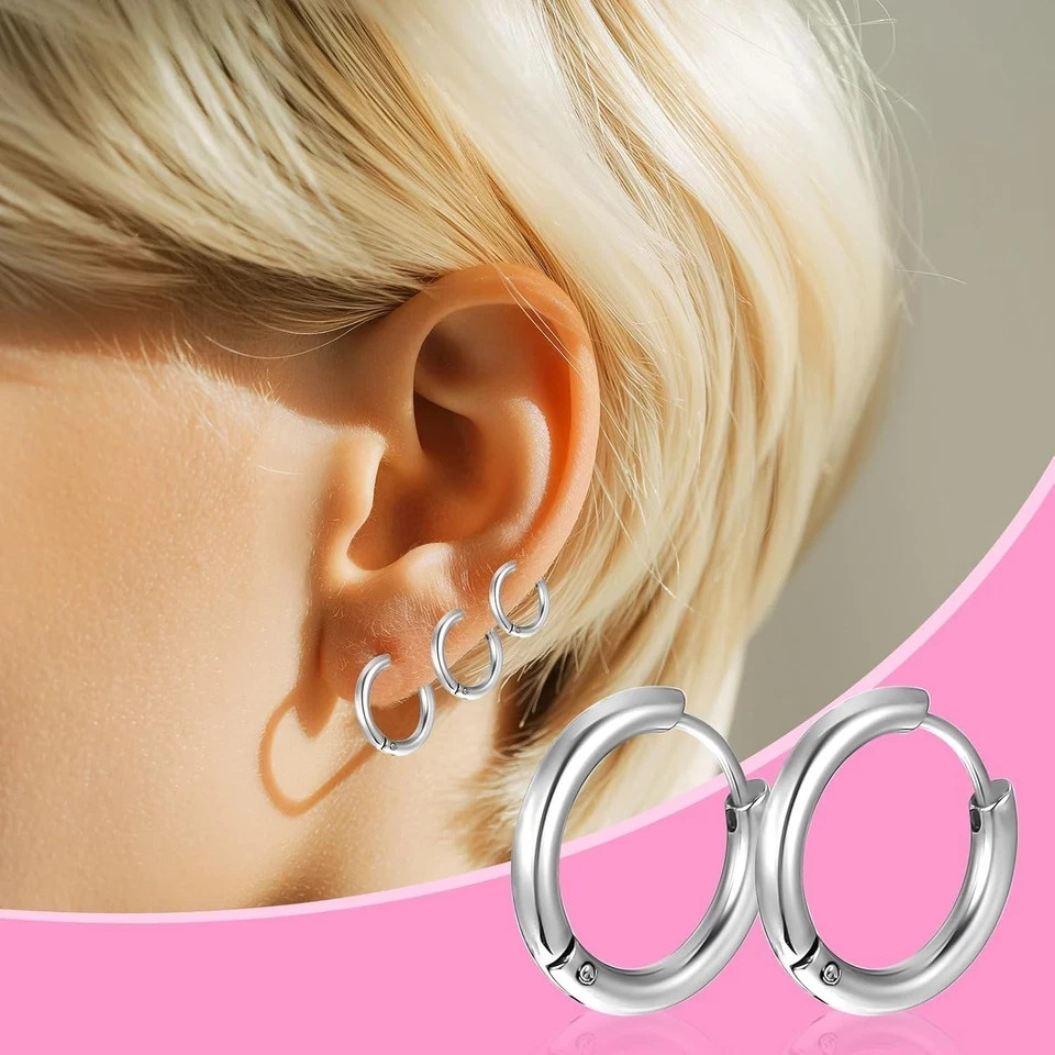 5 Pairs Titanium Hoop Earrings Silver Huggie Hoops Set 8mm-16mm Unisex