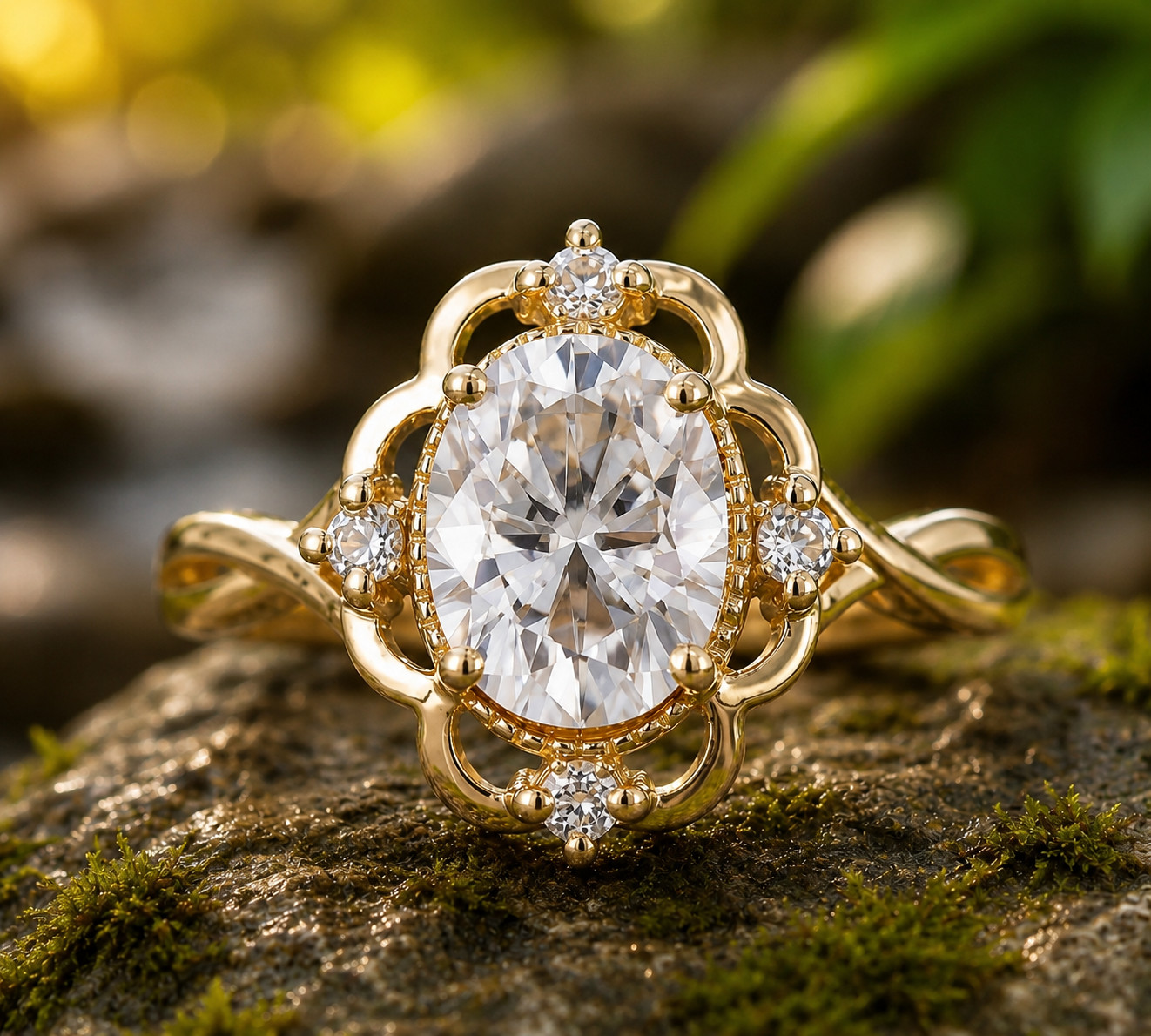 2Ct Oval Lab Created Diamond Halo Engagement Ring 14K Yellow Gold Plated Silver