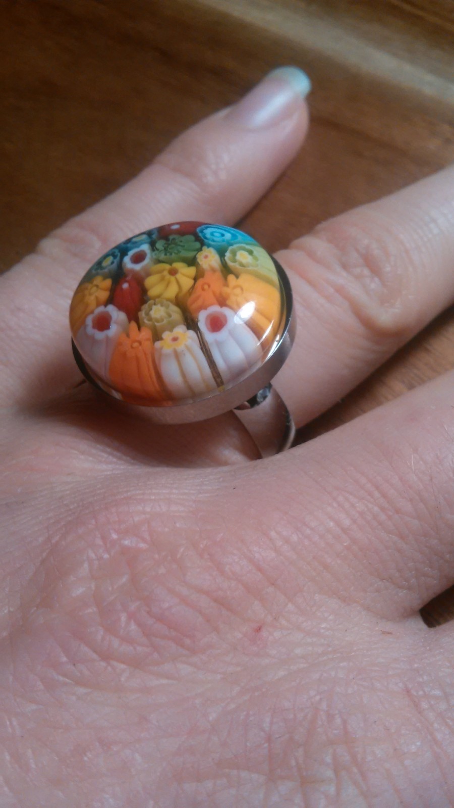 Multi Color Murano Style Glass Stainless Steel Ring (Size 7)