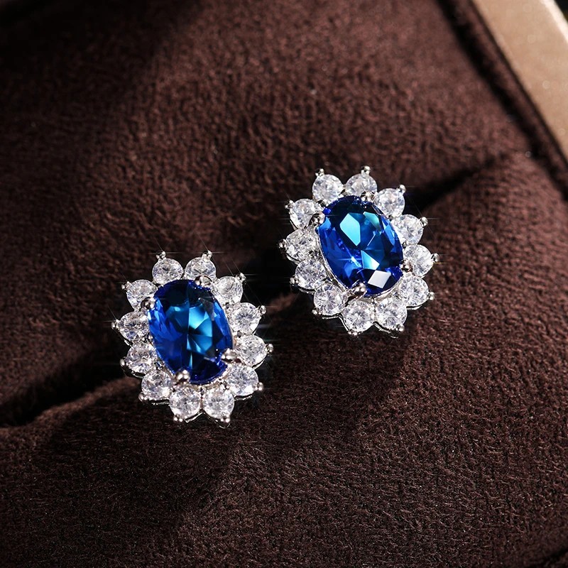 Oval CZ Stud Earrings Full Zircon Wedding Luxury Fashion Jewelry Women