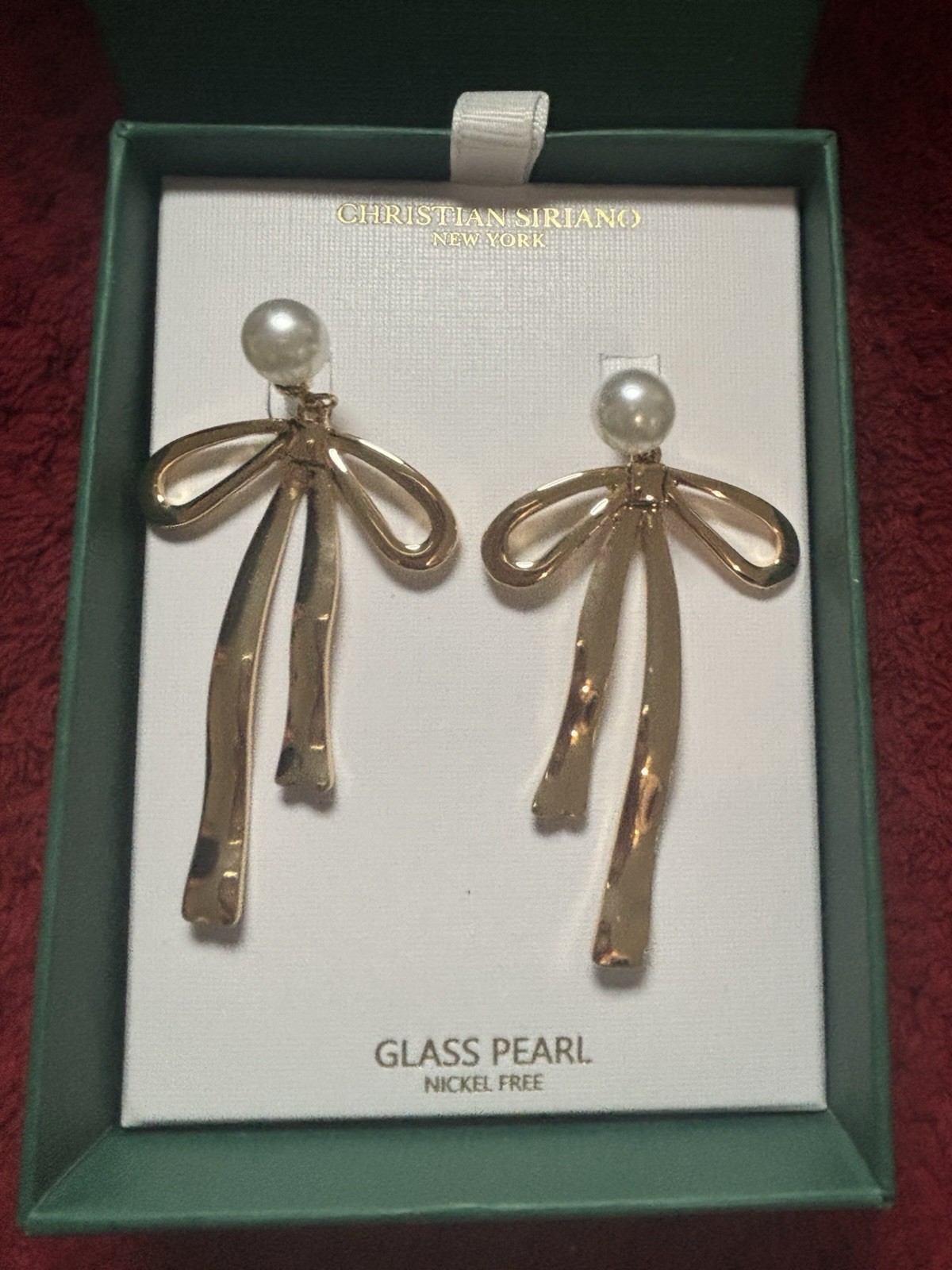 Christian Siriano Gold Tone Bow Dangle Earrings White Glass Pearl Nickel-Free