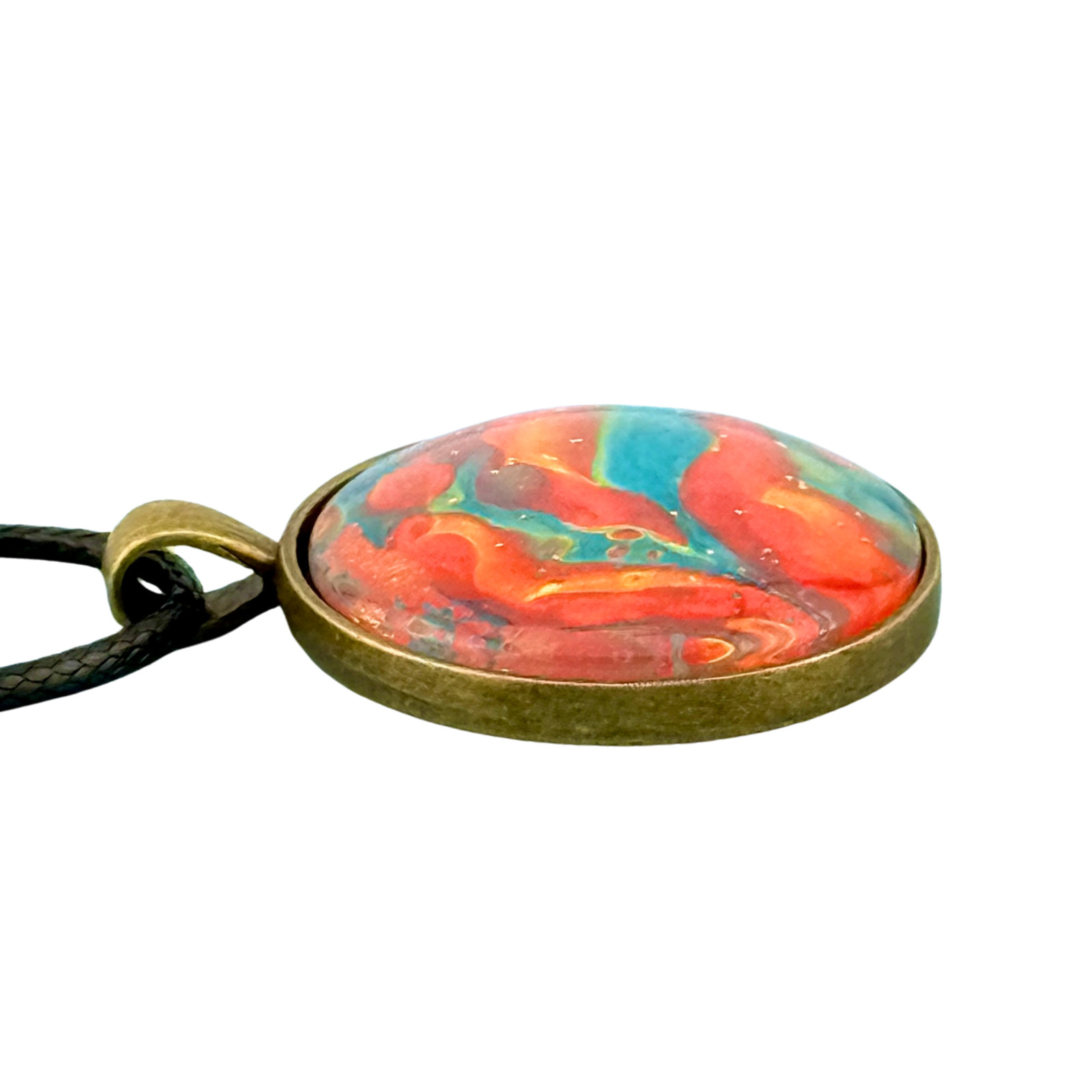 Pendant Necklace Handmade “Coral Ocean” Brass Bezel 30mm Black Cord