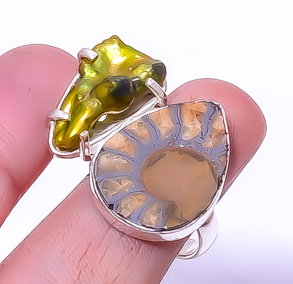 Pyrite Ammonite Fossil – Morocco & Biwa Pearl 925 Silver Ring s.9 T95