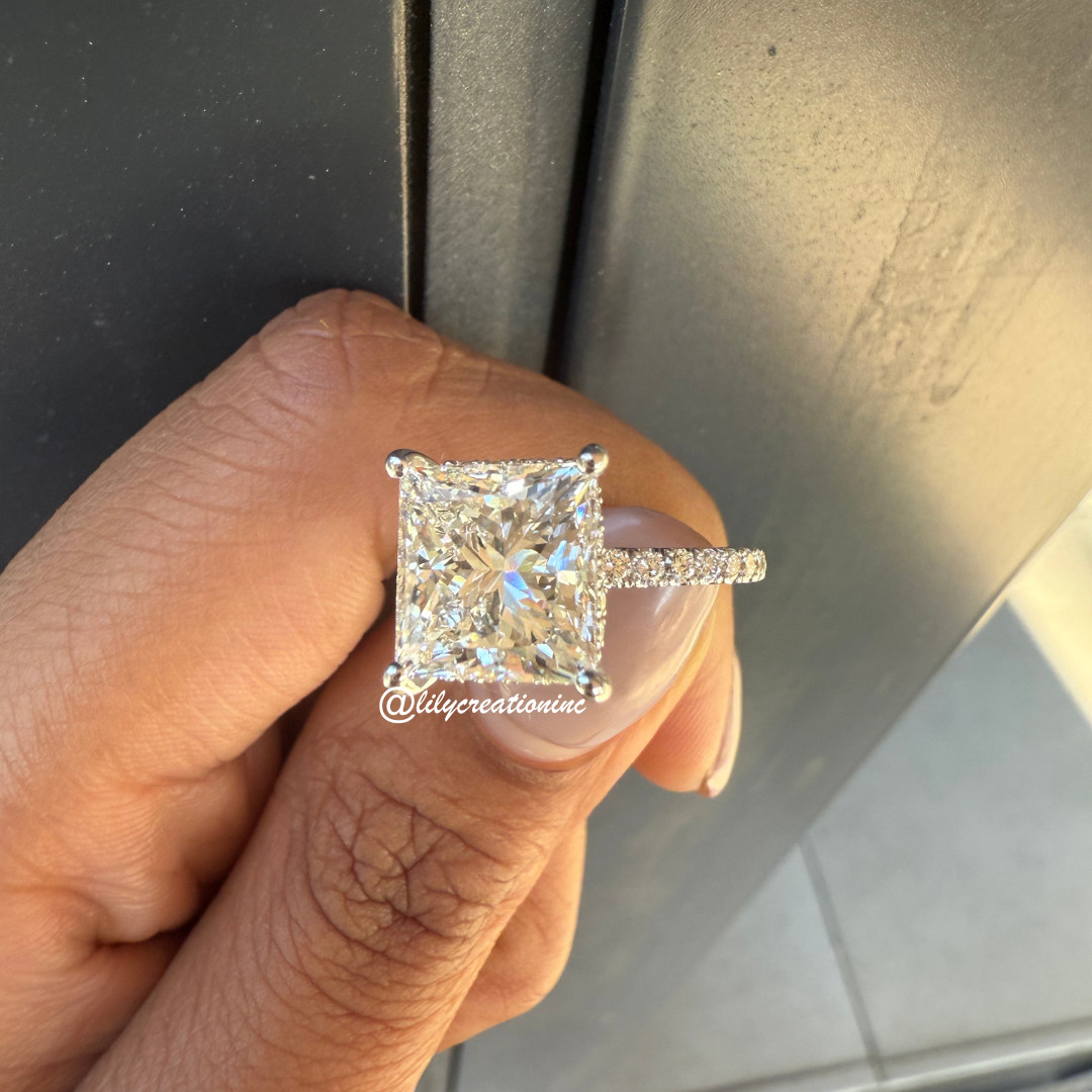 7Ct Princess IGI Certified Lab Grown Diamond Engagement Ring Pave Side Stones