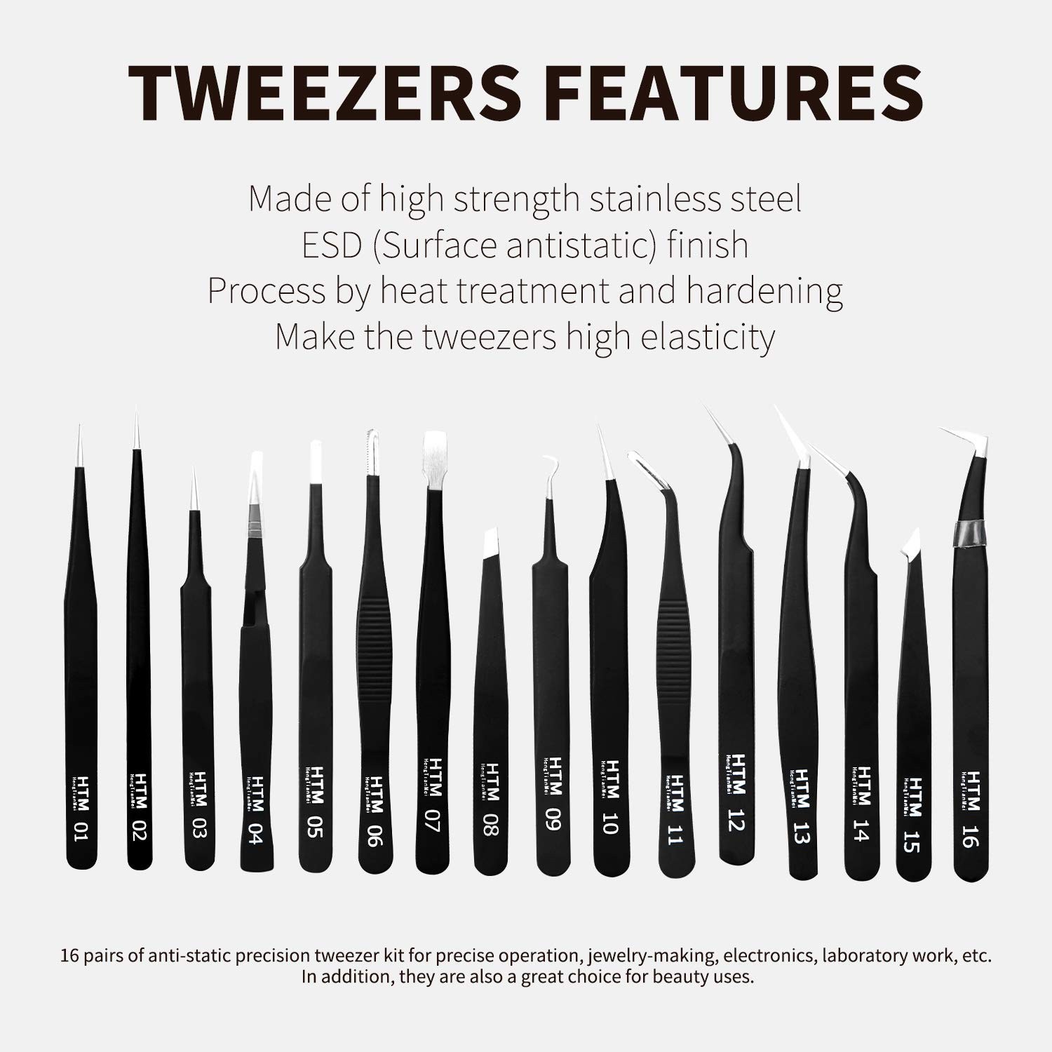 16 Pcs Precision Tweezers Set – Anti-Static Stainless Steel for Craft, Jewelry,