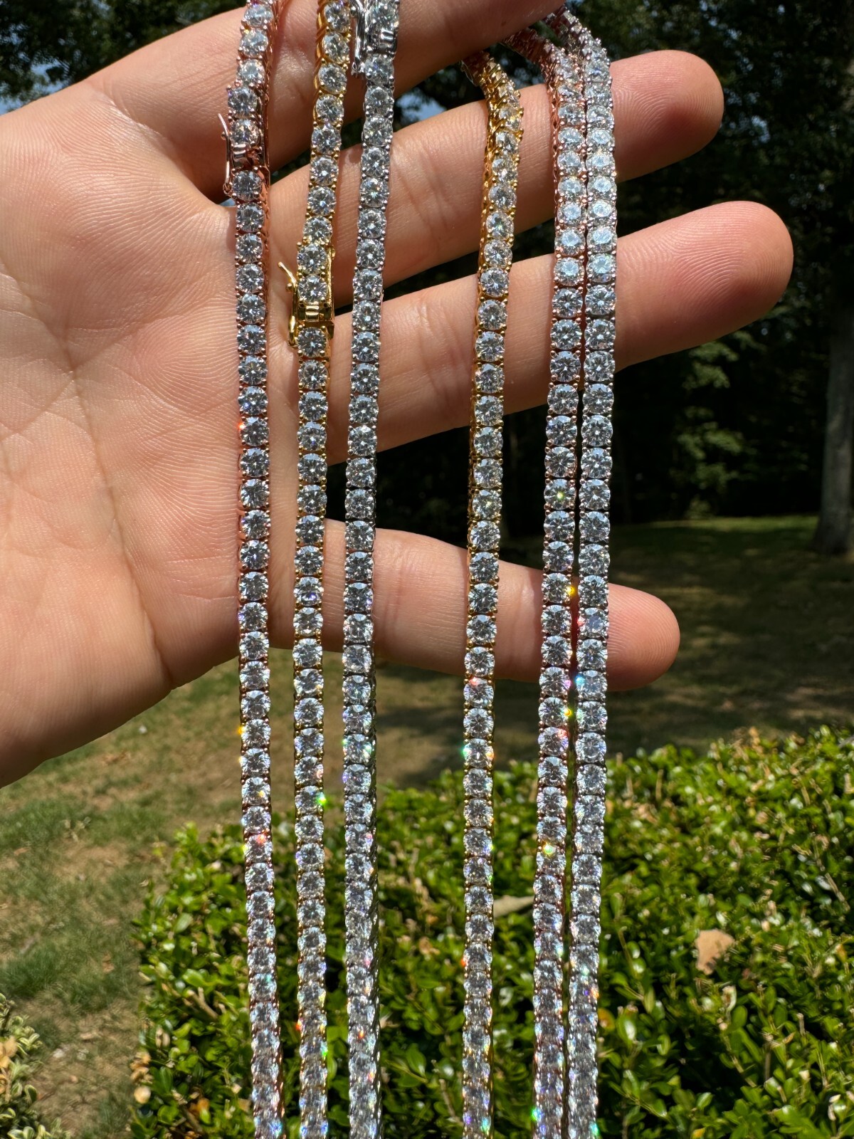 MOISSANITE Tennis Chain Real 925 Silver Yellow Rose Gold Plated Necklace 3-7mm
