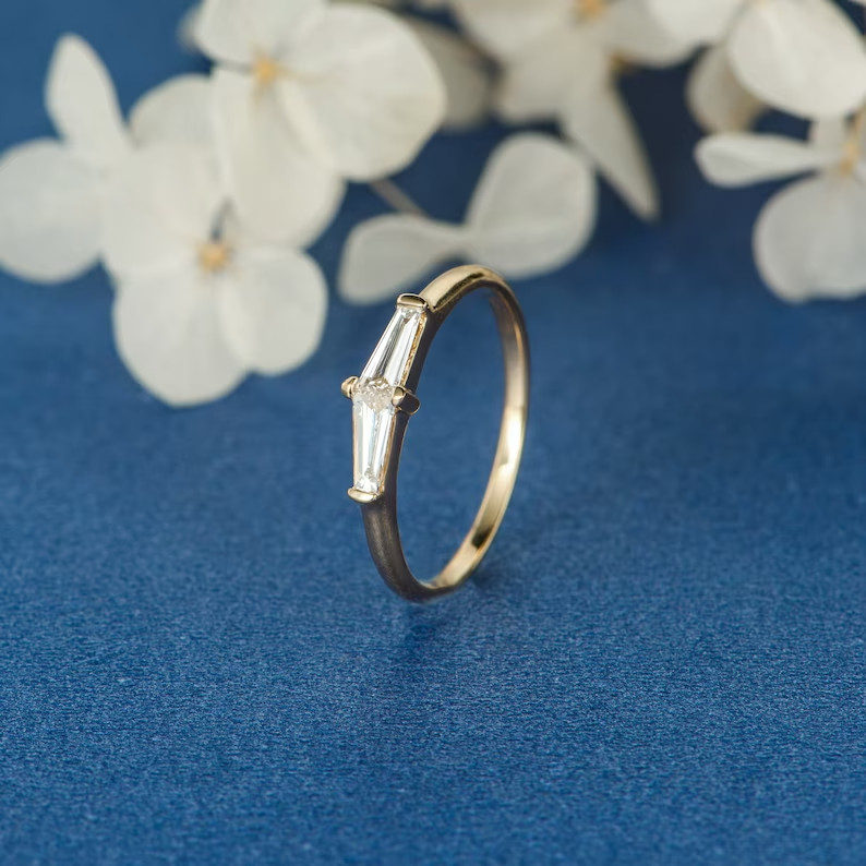 Tapered Baguette Cut Lab-Created Diamond Geometric Ring Unique Mini Gift for Her