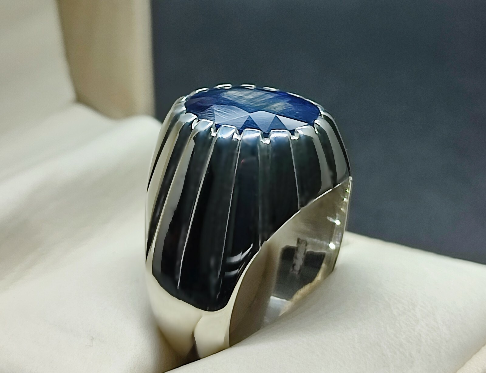Natural 9 Carat Big Blue Sapphire Sterling Silver 925 Handmade Neelam Mens Ring