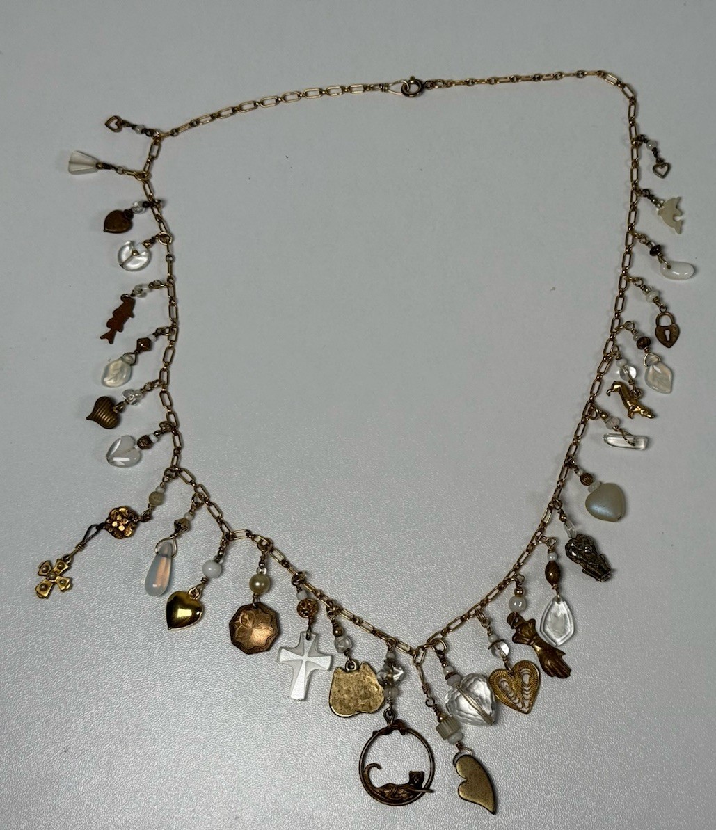 VTG 1/20 14k Gold Filled Charm 21.5” Necklace Cats Hearts Animals Crosses Love
