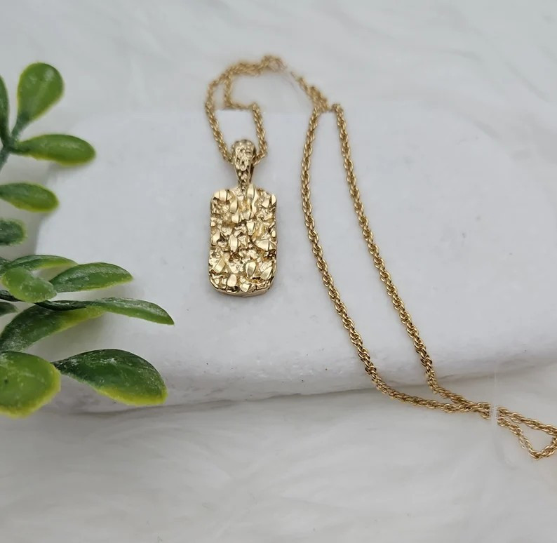 Gold Nugget Necklaces, Small Dog Tag Pendant, 1mm Rope Chain, 14k Plated Gold