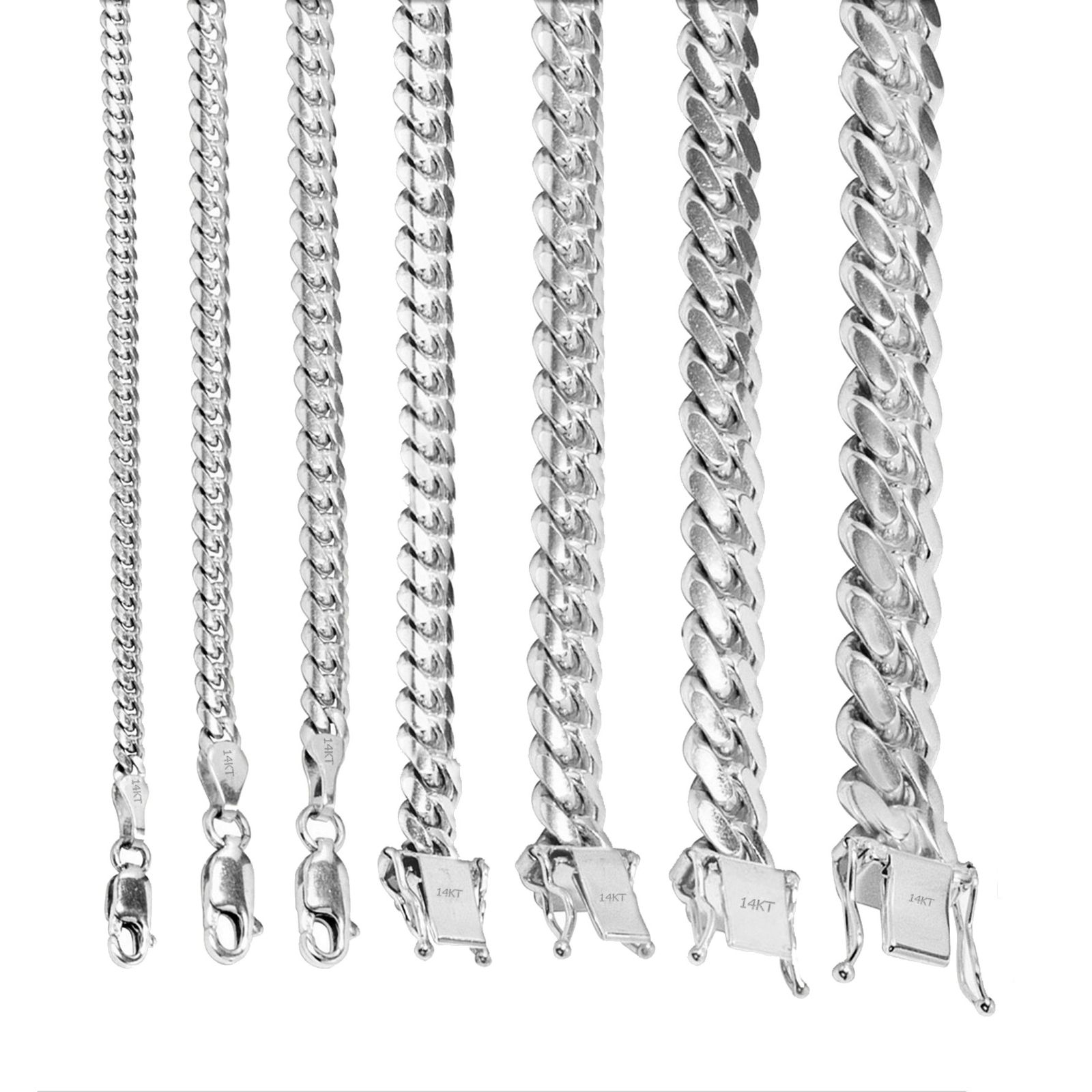 14K White Gold Solid 2.7mm-7mm Miami Cuban Link Chain Necklace Bracelet 7″-30″