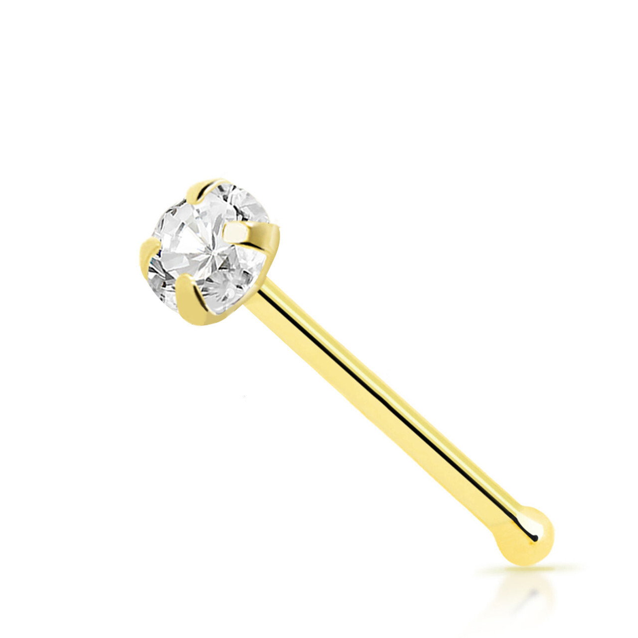 14k Solid Gold Nose Bone Stud Ring 22G with Prong Setting Round CZ Nose Piercing