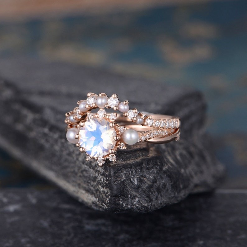Natural Round Cut Moonstone & Pearls Rose Gold Plated Silver Engagement Ring Set