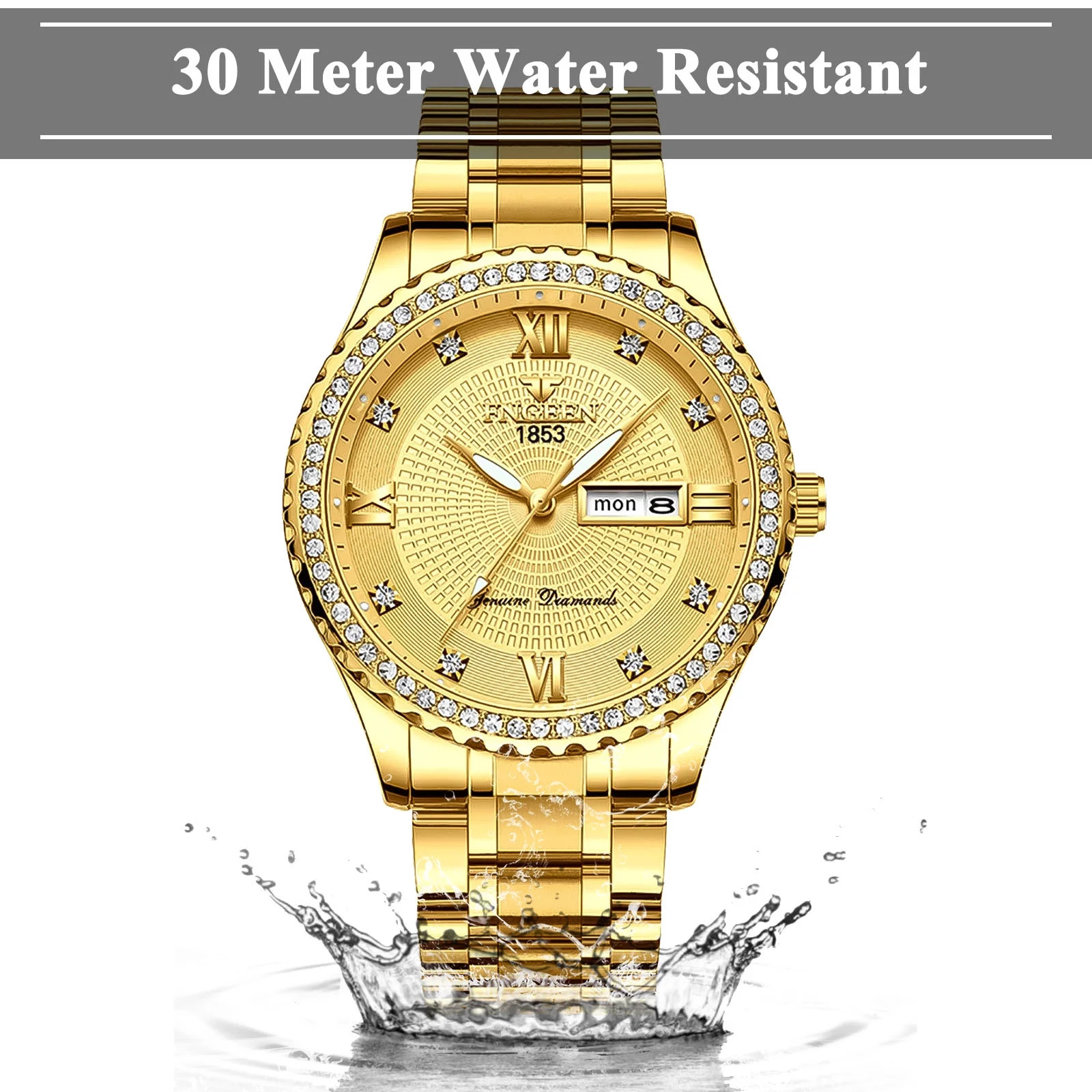 Classic Diamond Gold Watches for Men, Stainless Steel Waterproof Dress Watch, Me