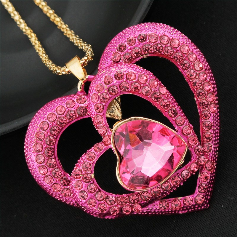 Fashion Women Rose Crystal Bling Three Hearts Love Pendant Chain Necklace Gift