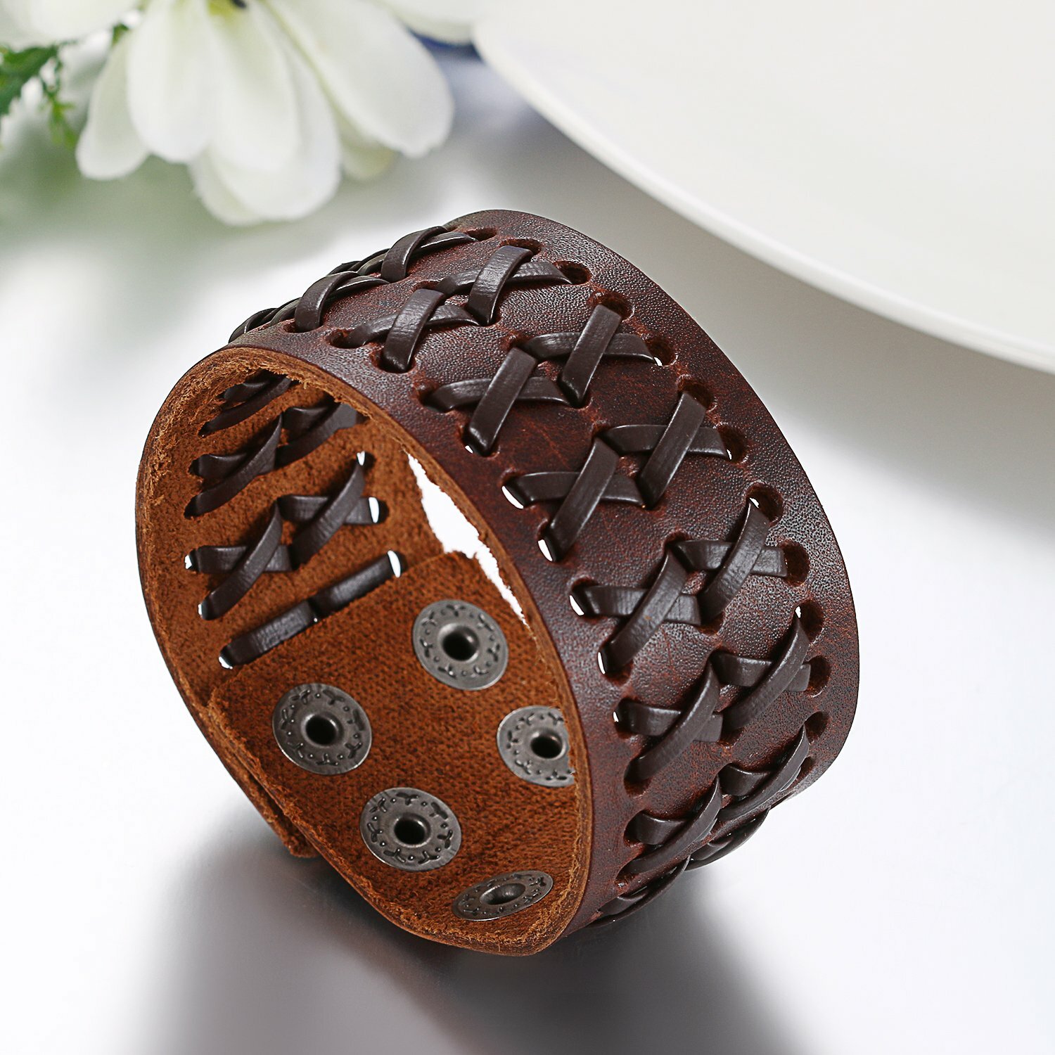 Punk Rock Wide Brown Leather Men’s Cuff Bangle Bracelet Adjustable Wristband