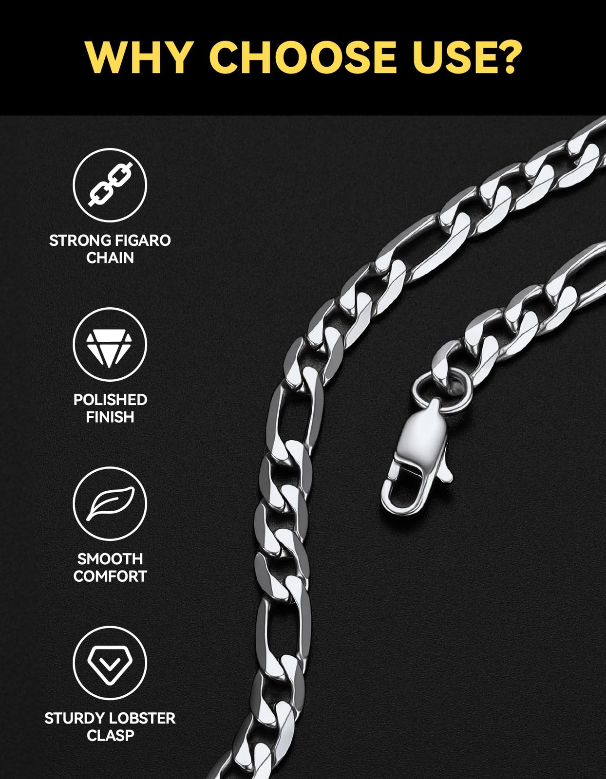 Mens Necklace Stainless Steel 4mm Figaro Link Chain Necklace, 14 Inch