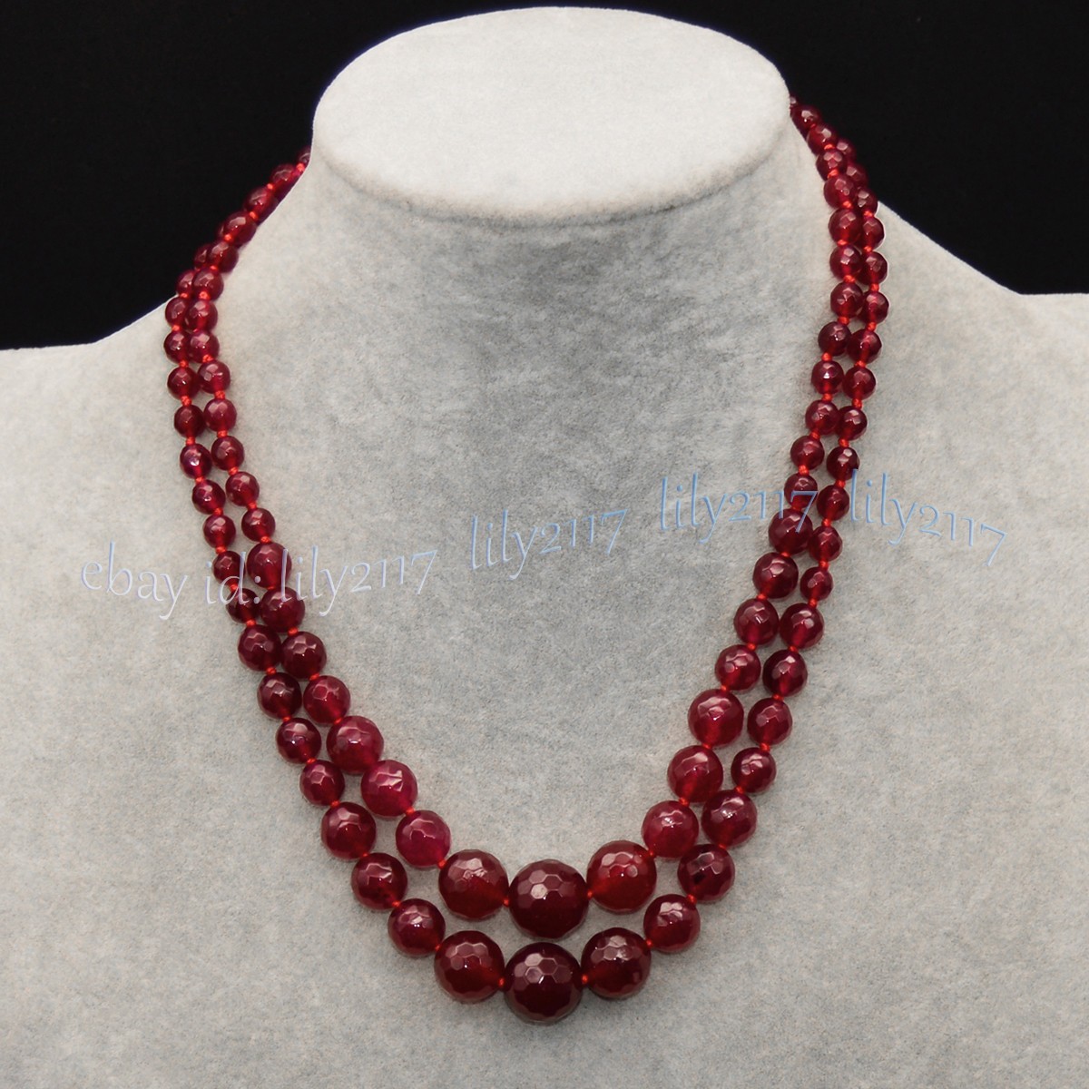 2 Rows 6-14mm Faceted Red Garnet Natural Gemstone Round Beads Necklace 17-18”