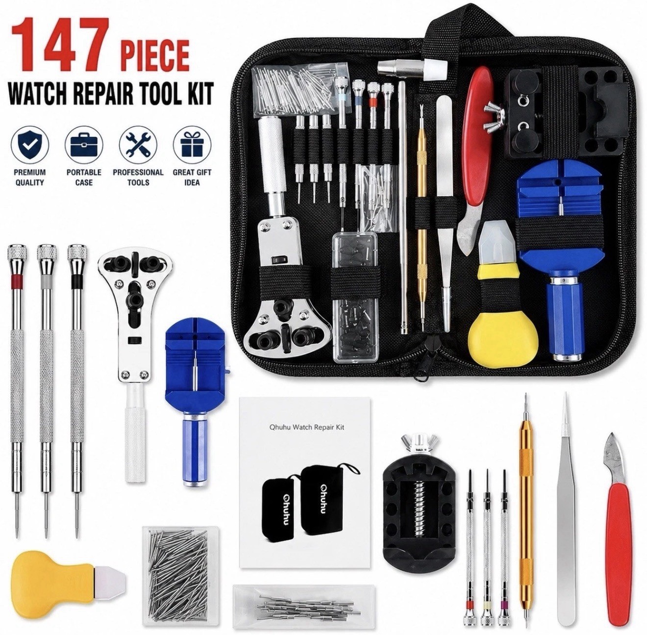 147PC Watch Battery Change Repair Tool Band Pin Remover Back Case Opener 55mm Ki