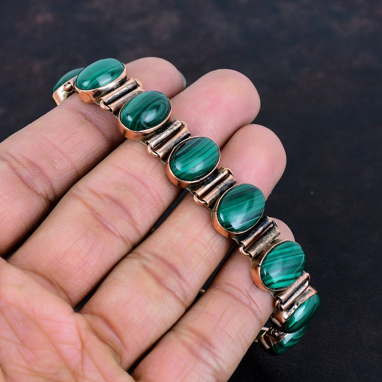 Womens day Sale Malachite Stone Anniversary Chain Bezel Bracelet Jewelry Copper