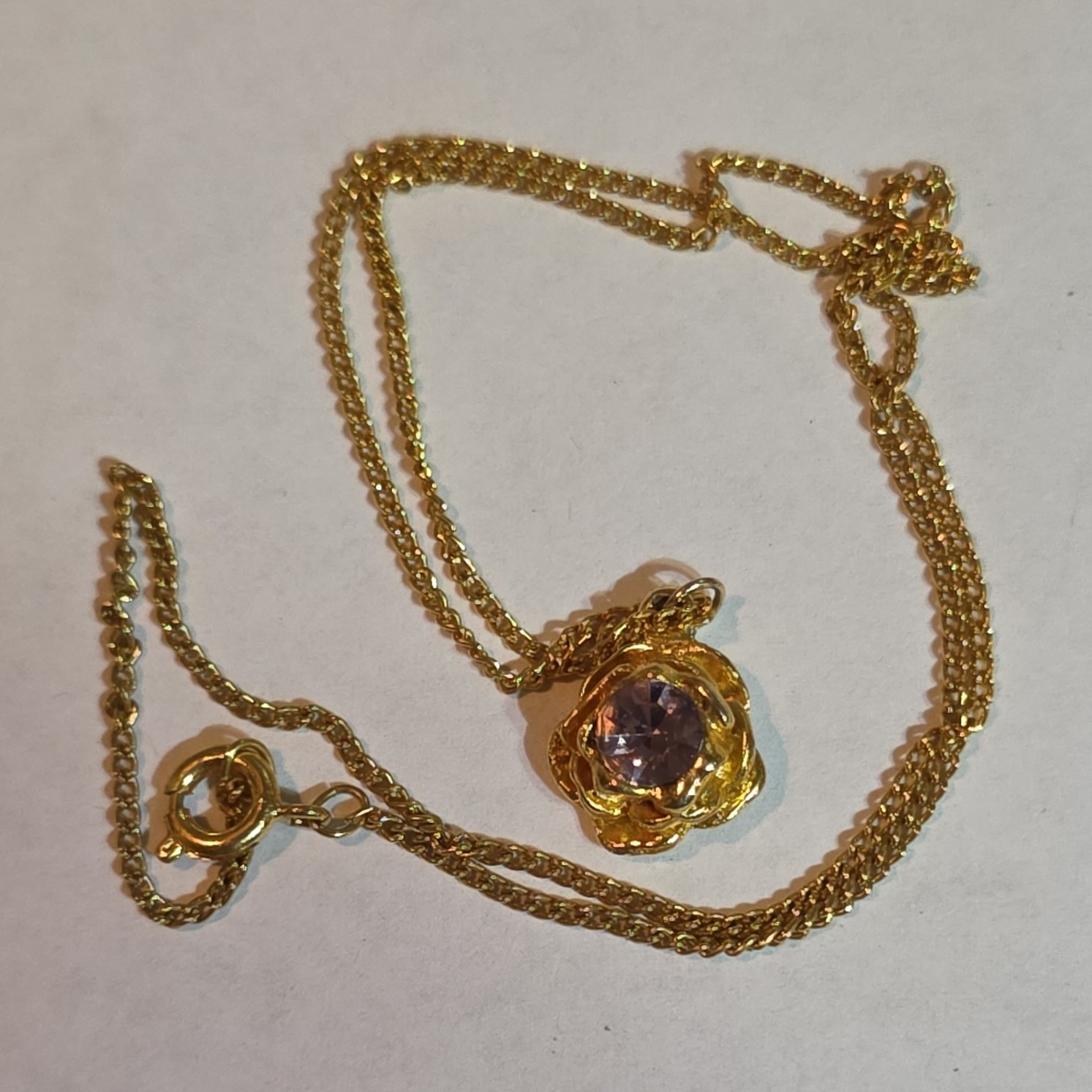 Gold Tone Chain Necklace Purple Round Crystal Flower Charm Pendant
