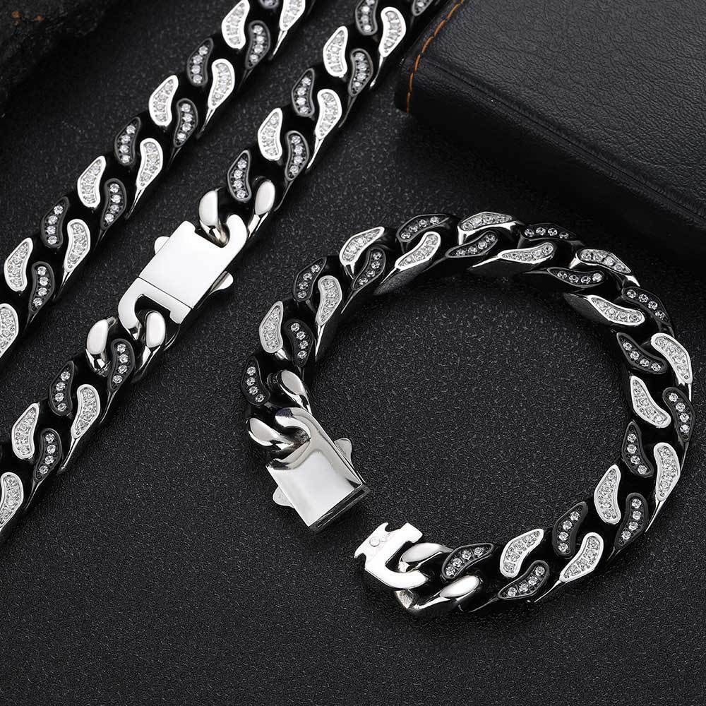 Steel Cuban Link Chain Necklace Full Zircon Mens Jewelry 12mm Hip Hop Stainless
