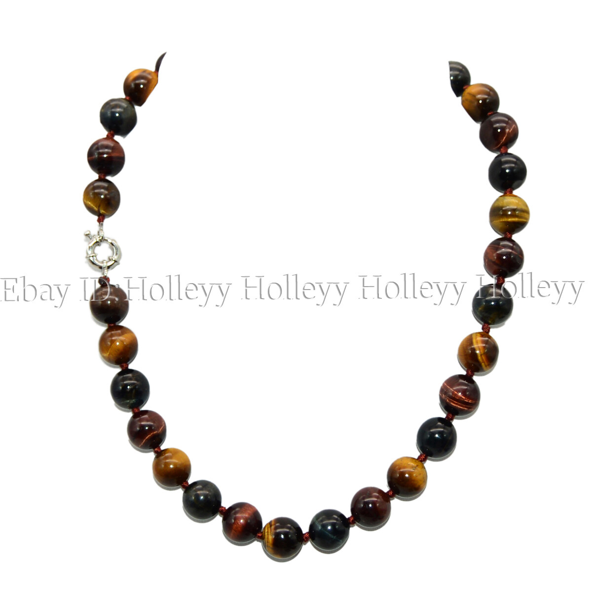 12mm Round Genuine Natural Multicolor Tiger’s Eye Gemstone Beaded Necklace 24”