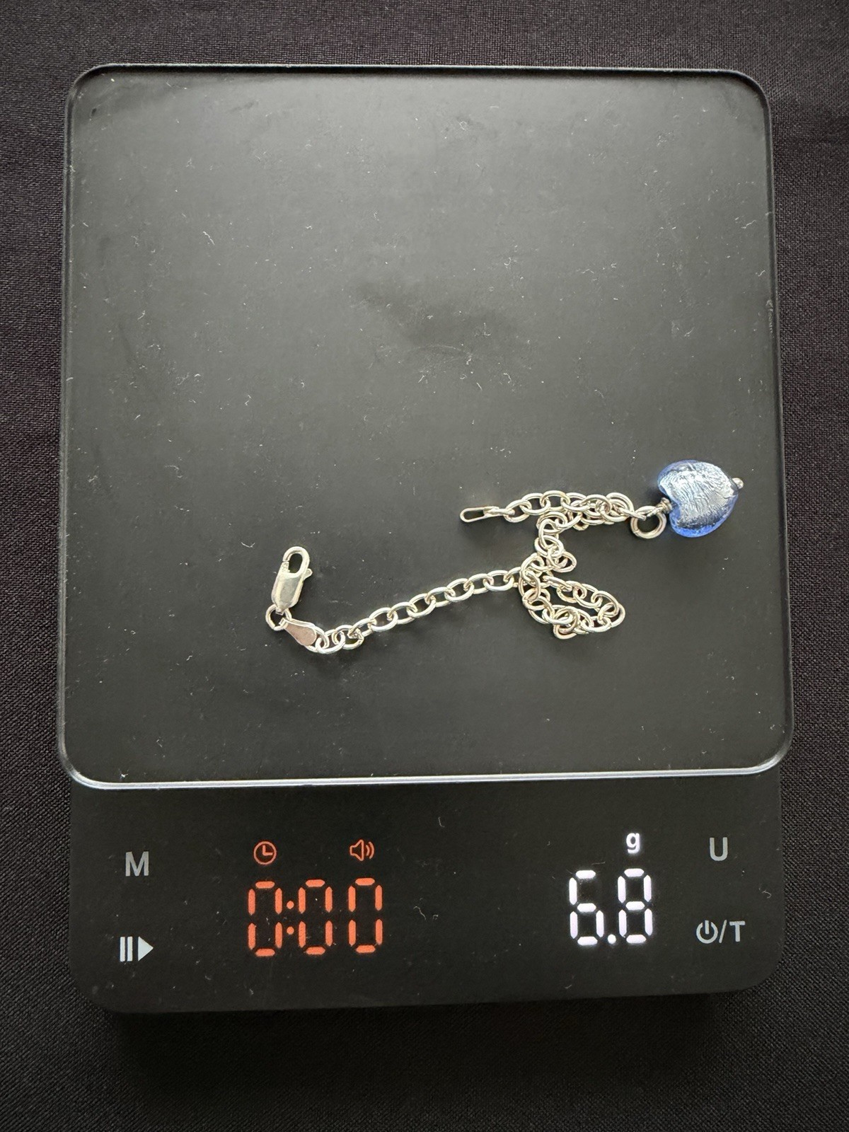 Charm Bracelet Sterling Silver 925 Blue Glass Heart Belcher Chain 19cm 6.8g