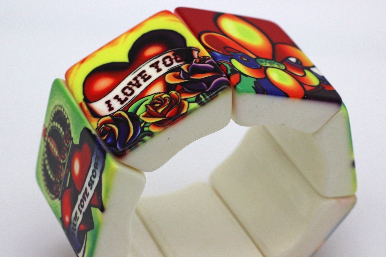 Expansion Bracelet Ed Hardy Style Art Chunky Tile Heart Crown Love Stretch